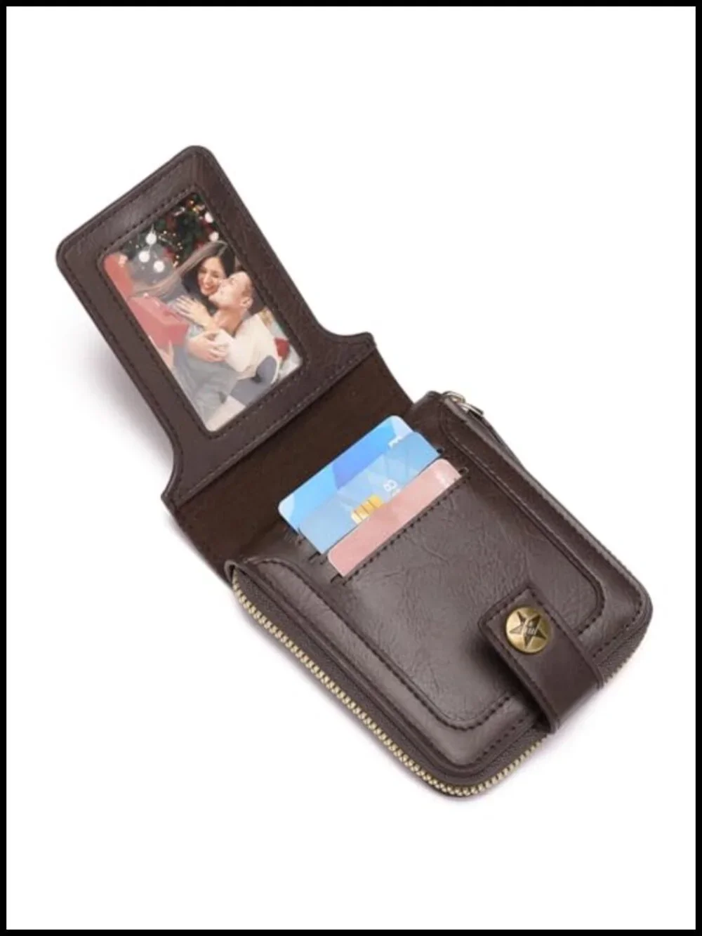 Men's Leather Bifold Wallet with ID Window, Zip Coin Pocket & 10 Card Slots